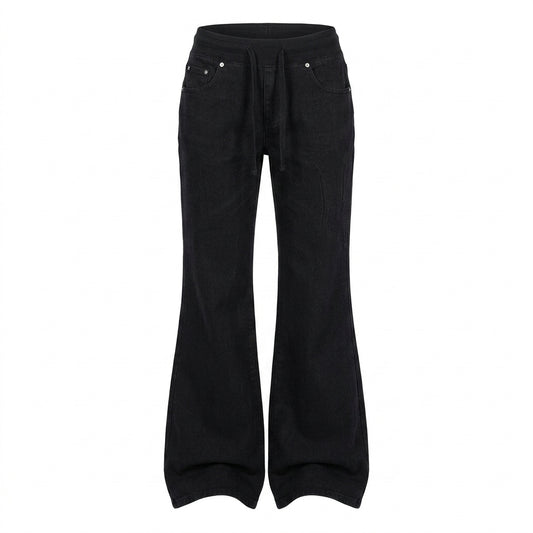 Black wide-leg denim jeans with a drawstring waist and silver rivets on the front pockets, shown against a plain white background.
