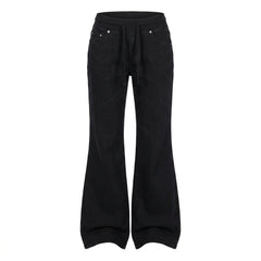 Black wide-leg denim jeans with a drawstring waist and silver rivets on the front pockets, shown against a plain white background.