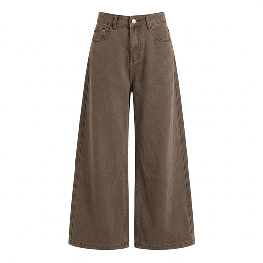 A pair of wide-leg cropped jeans in a washed brown or taupe color, shown flat against a solid white background.