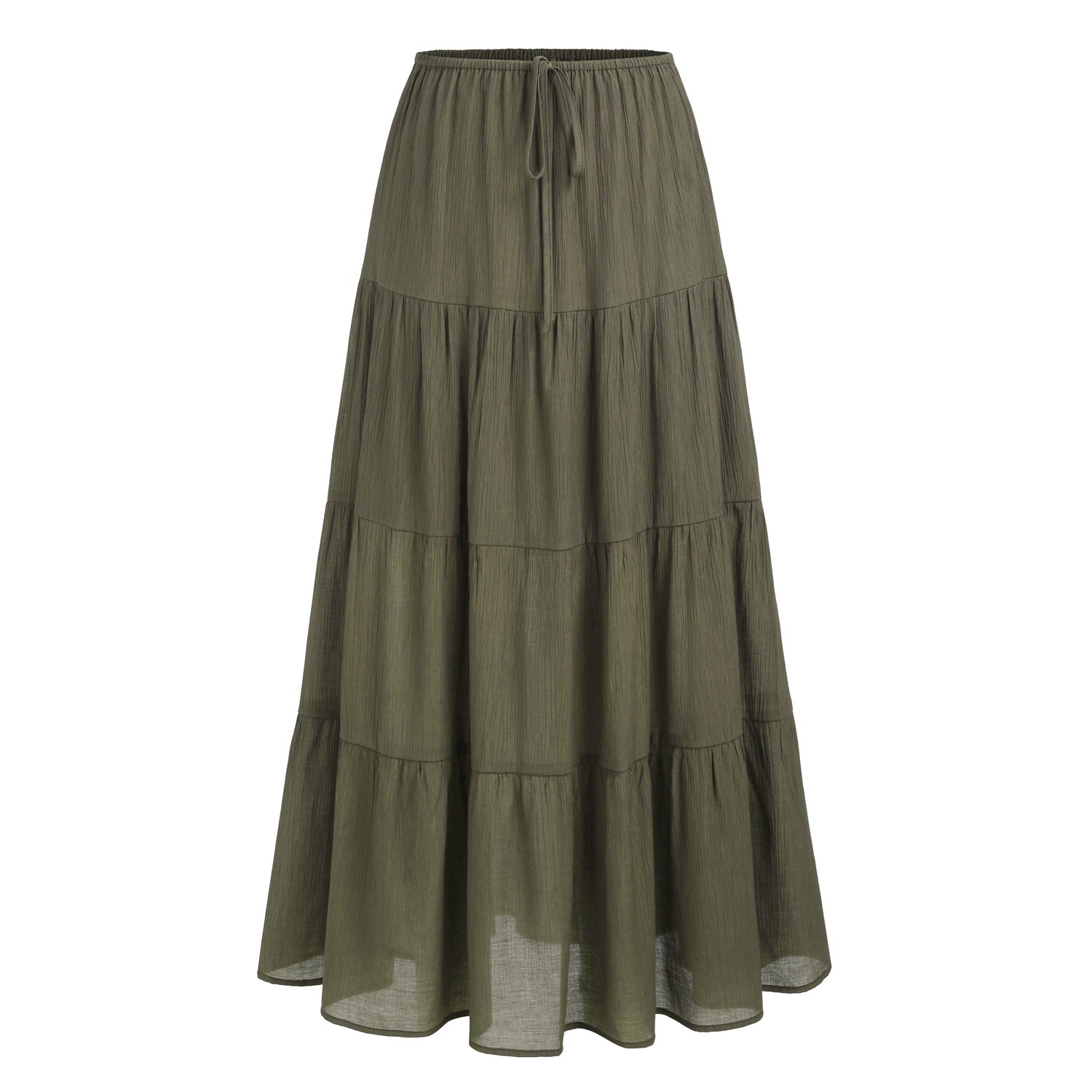 Long tiered skirt in olive green on a white background