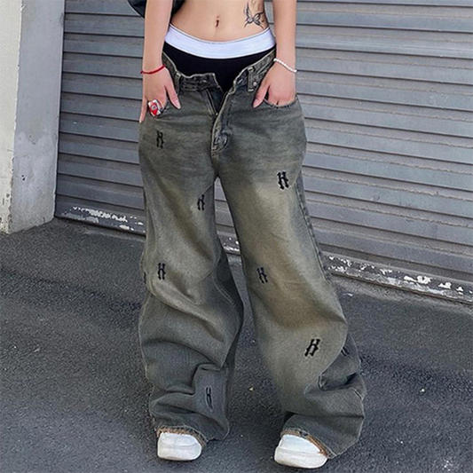 Hip Pop Low Waist Letter Print Boyfriend Jeans - fairypeony