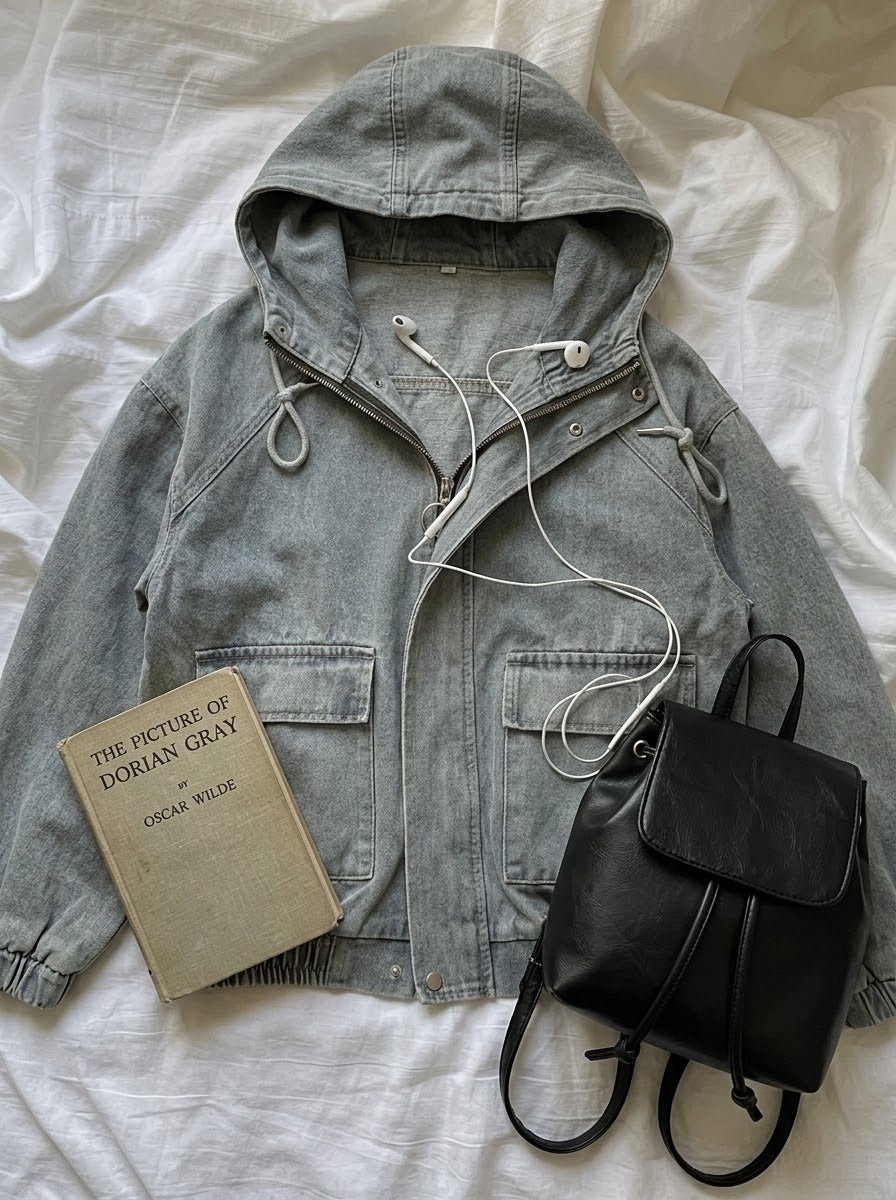 A light gray hooded jacket laid flat on white fabric, styled with a beige book, white earphones, and a black leather backpack.
