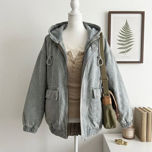 Hooded Patchwork Denim Jacket – Oversized Zip-Up Korean Streetwear Coat