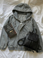 Hooded Patchwork Denim Jacket + PU Leather Vintage Backpack