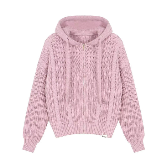A light pink chunky cable-knit zip-up hoodie with a drawstring hood, shown flat against a plain white background.