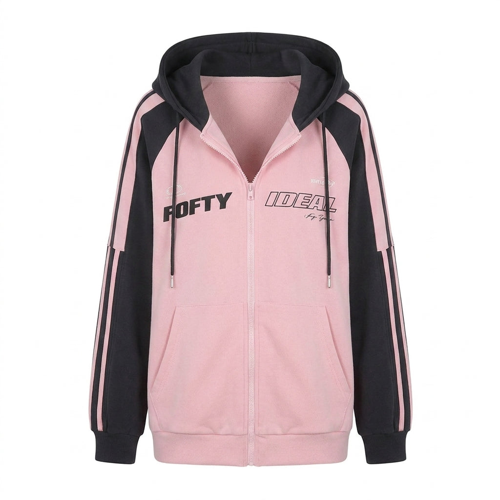 Vintage Color Block Zip Up Hoodie