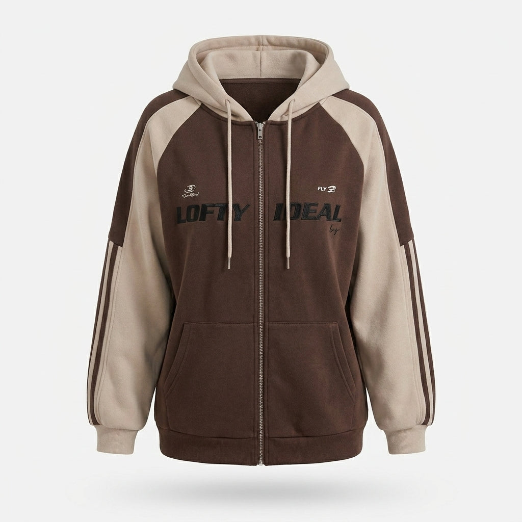 Vintage Color Block Zip Up Hoodie