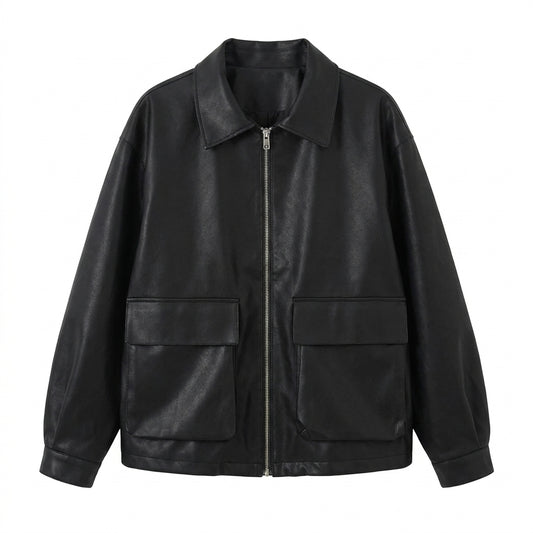 Chic Lapel Double Pocket Leather Jacket – Retro Korean Loose Fit Zip-Up Coat