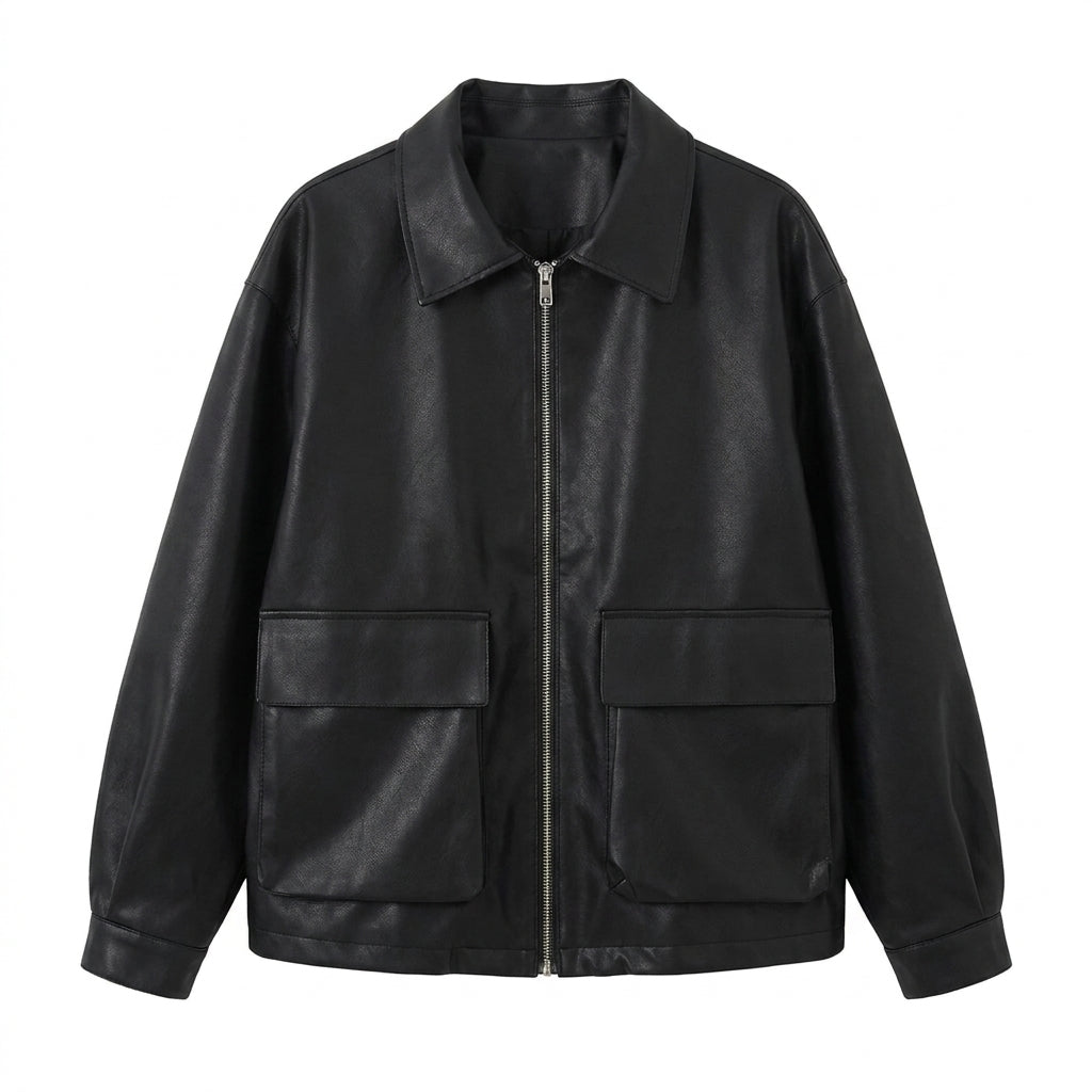 Chic Lapel Double Pocket Leather Jacket