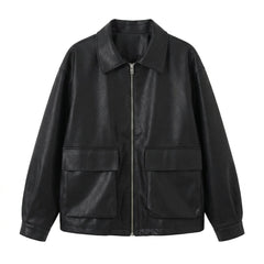 Chic Lapel Double Pocket Leather Jacket