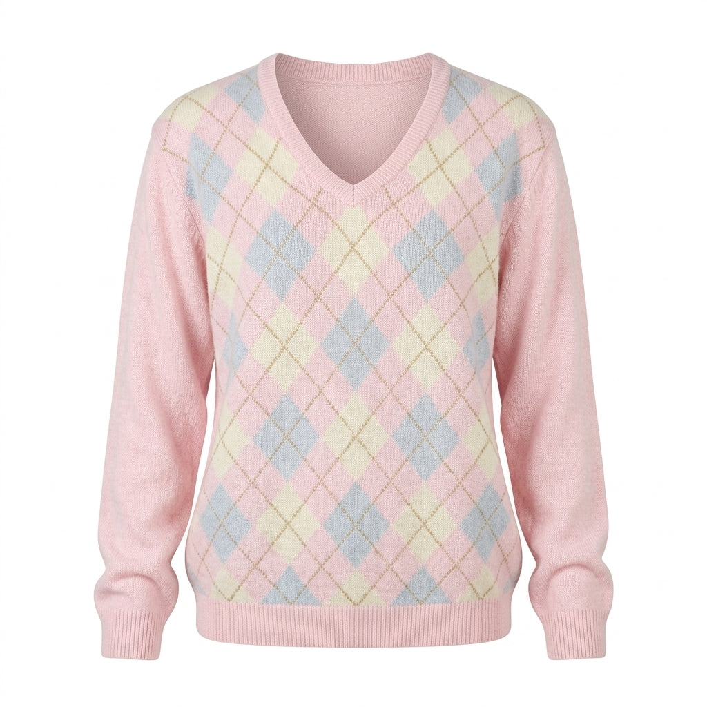2000s Pink Argyle V-Neck Loose Pullover Sweater – Pastel Diamond Knit Top
