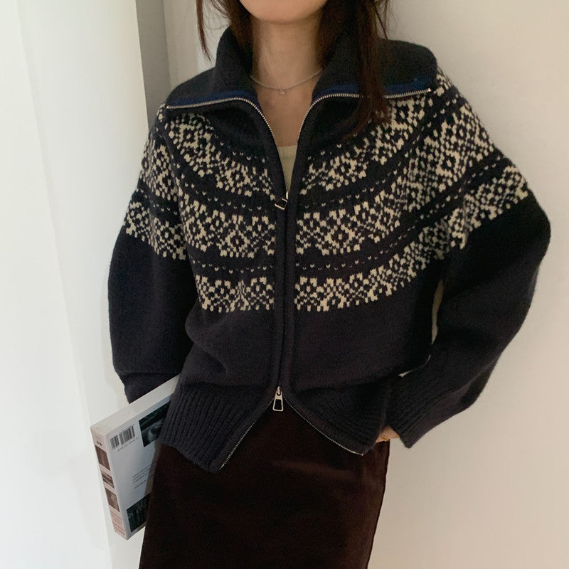 Jacquard Print Oversized Zip Up Cardigan