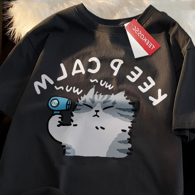 Keep Calm Cat Hair Dryer Print T-shirt