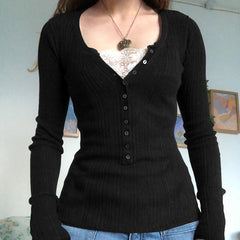 Lace Paneled Button Long Sleeve Knit Top - fairypeony