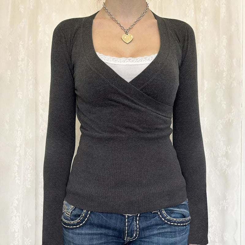 Lace Splice Crossover Long Sleeve Knit Tee