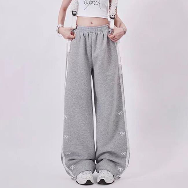 Lace Stiped Bowknot Baggy Sweatpants