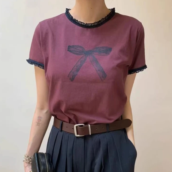 Lace Trim Bow Print Short Sleeve Tee