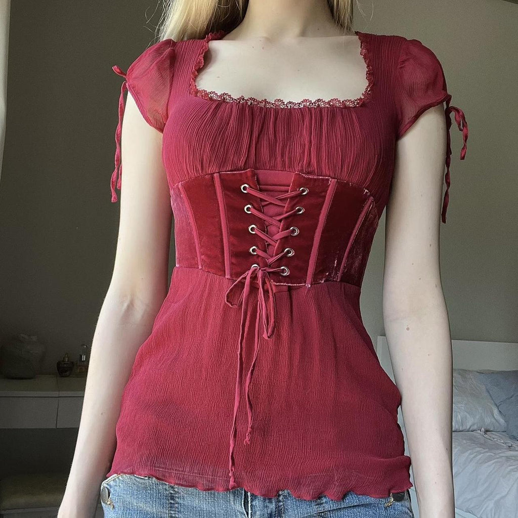 Lace Trim Square Collar Tie Corset Tee