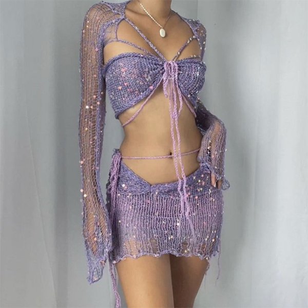 Lace Up Crochet Knit Two Piece Set - fairypeony