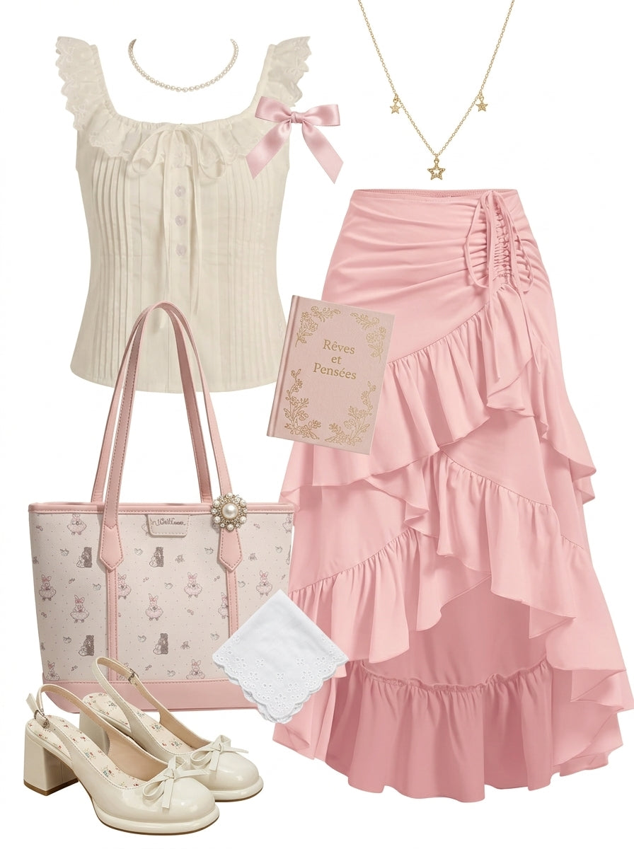 Pink ruffled skirt with cream top, handbag, shoes, and accessories on a white background
