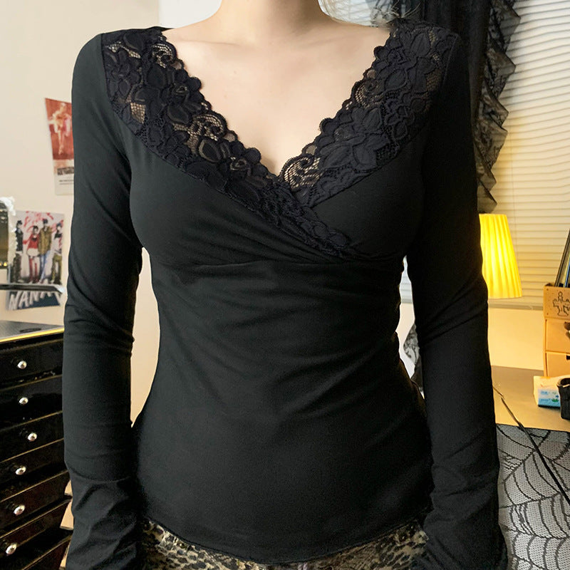 Lace Cross V-Neck Long Sleeve Tee
