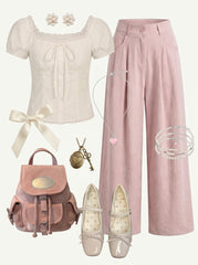 Pastel outfit with a white blouse, pink pants, pink backpack, and white shoes on a white background.