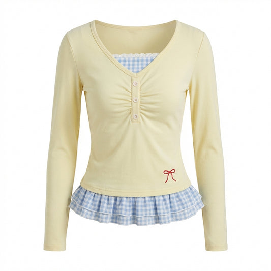 Lace Trim Aesthetic Fake Two Piece Long Sleeve Tee