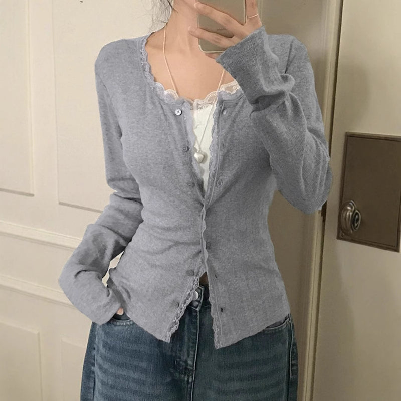 Lace Trim Long Sleeve Slim Button Knitted Tee