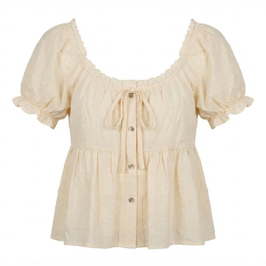 OOTD : Puff Blouse + Patchwork Ruffle Hem Skirt + Pu Leather Backpack + Mary Jane Work Shoes - fairypeony