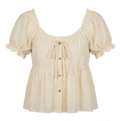 OOTD : Puff Blouse + Patchwork Ruffle Hem Skirt + Pu Leather Backpack + Mary Jane Work Shoes - fairypeony