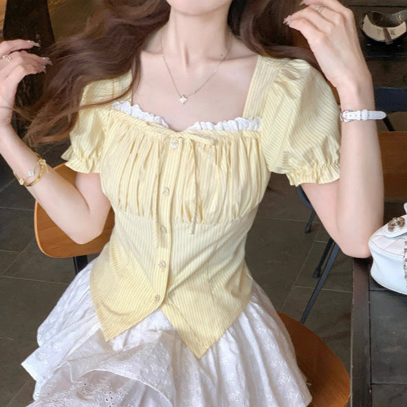 Lace Trim Square Neck Puff Short Sleeve Blouse