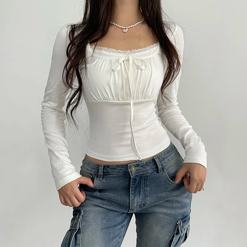 Lace Trim Stitching Square Neck Long Sleeve Tee
