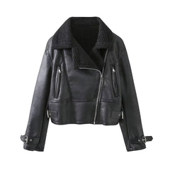 Lamb Wool Zip Up Pu Leather Jacket - fairypeony