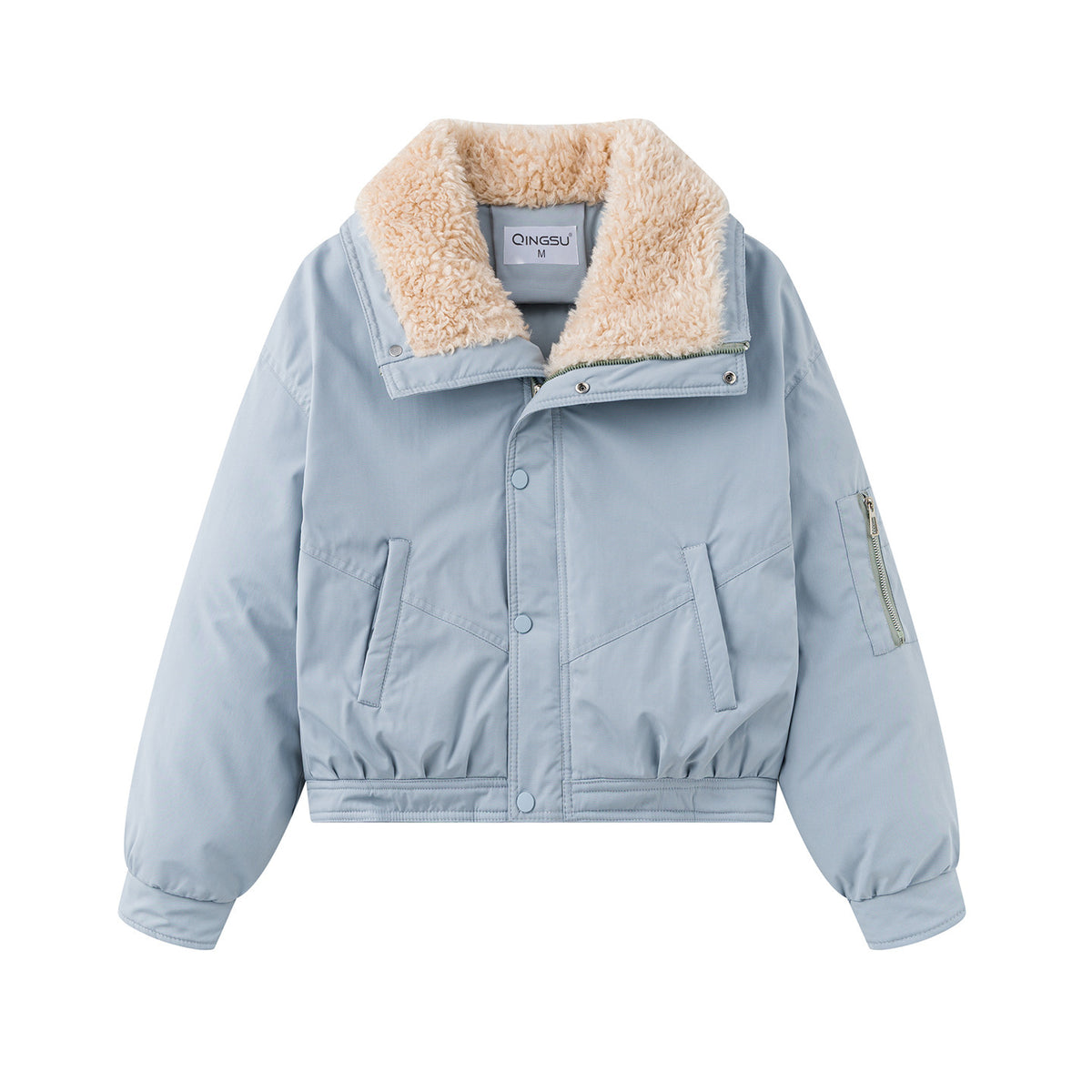 A light blue puffer jacket with a beige sherpa fleece collar, featuring a snap-button front, zippered pockets, and a zip pocket on the sleeve, shown against a plain white background.