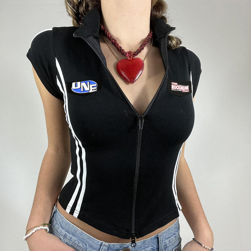 Lapel Collar Contrast Zip Short Sleeve Tee - fairypeony