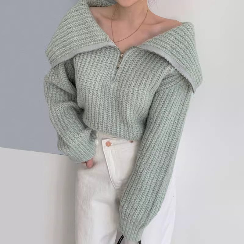 Lapel Zipper Design Casual Sweater