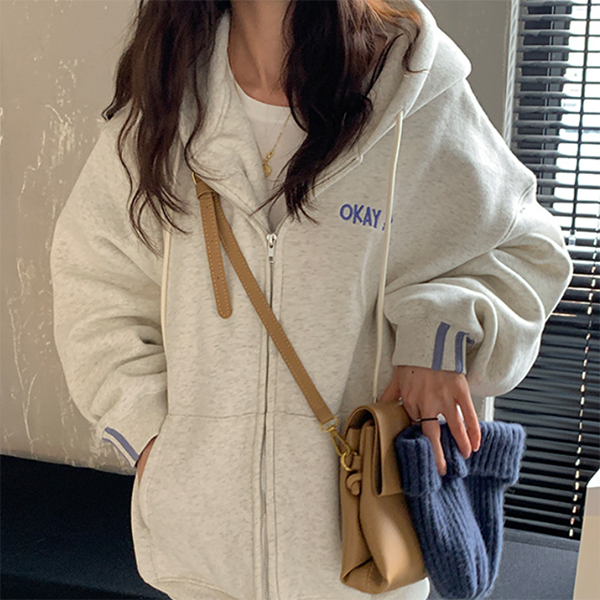 Letter Embroidery Baggy Zip Up Hoodie - fairypeony