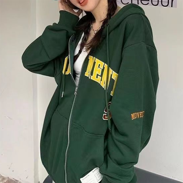 Letter Embroidery Oversized Zip Up Hoodie - fairypeony