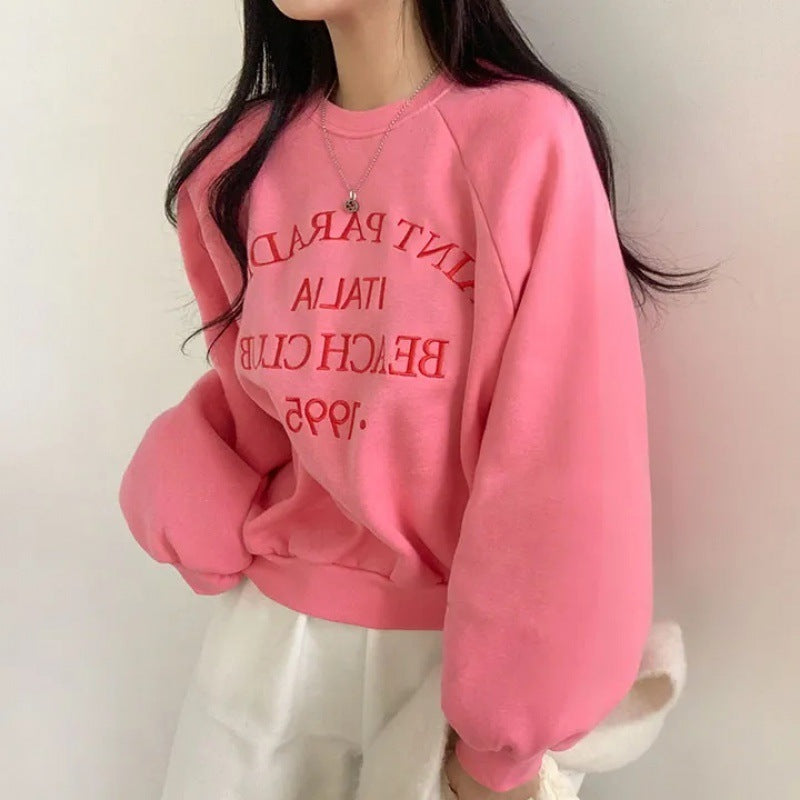 Letter Embroidery Raglan Pullover Sweatshirt