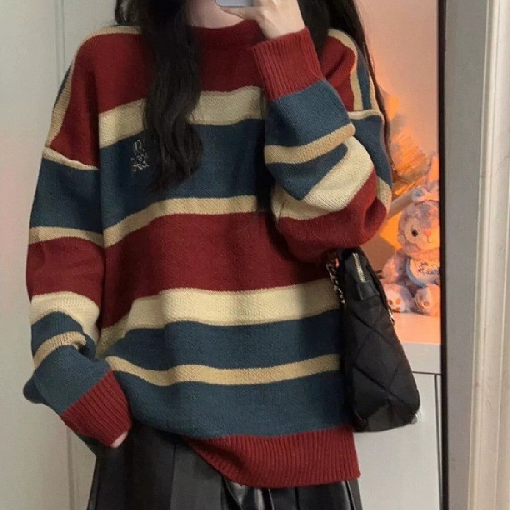 Letter Embroidery Vintage Striped Sweater
