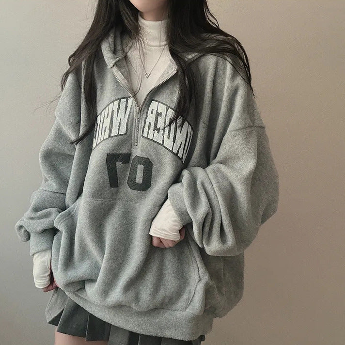Letter Print Half Zip Oversized Hoodie - fairypeony