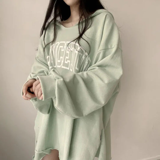 Letter Print Oversized Hooded Long Sleeve Tee - fairypeony