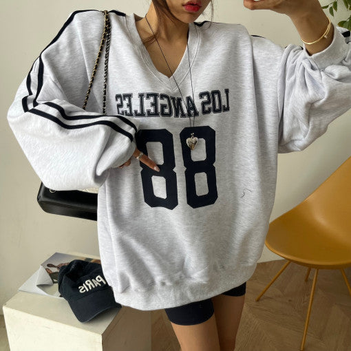 Letter Print Piping V-Neck Oversized Sweatshirt - fairypeony