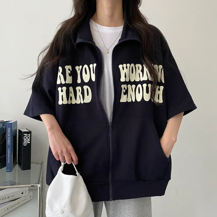 Letter Print Loose Zip Up Short Sleeve Tee