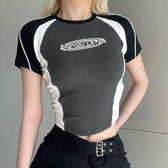 Logo Print Patchwork Short Sleeve Tee - fairypeony