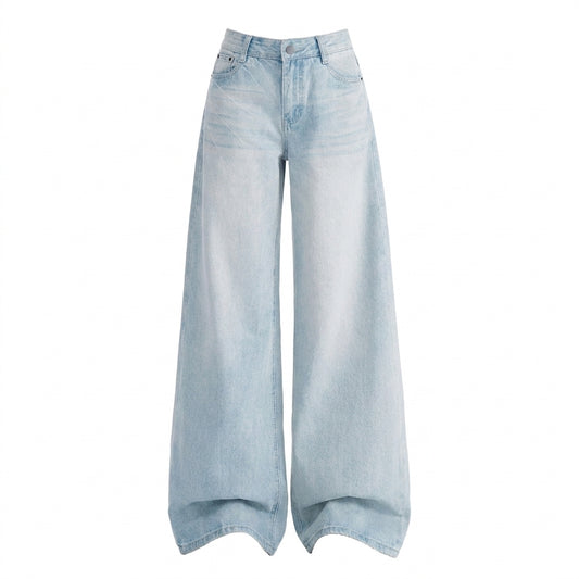 Light wash blue wide-leg denim jeans shown flat against a solid white background.