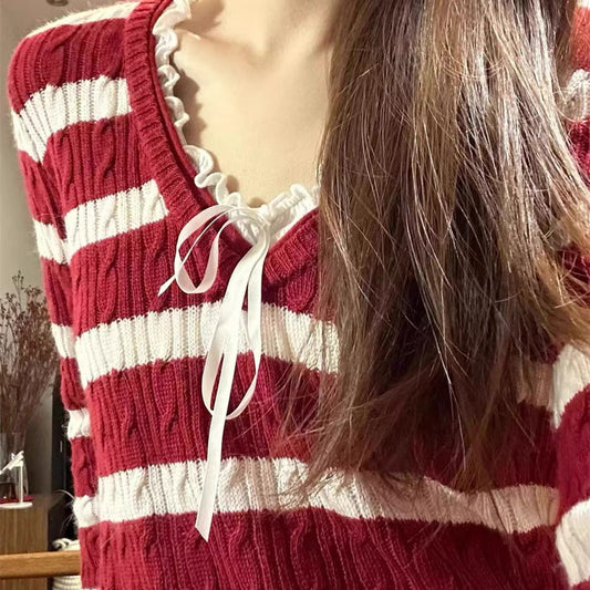 Loose V-neck Striped Cable knit Sweater - fairypeony