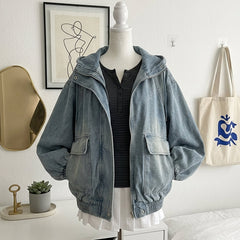 Loose Denim Hooded Coat – Vintage Wash Petal Sleeve Zip-Up Jacket