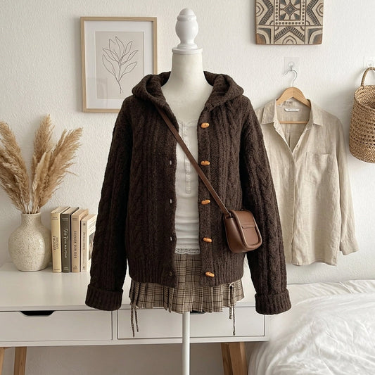 Horn Button Hooded Cardigan Sweater – Loose Oversized Twist Knit Cardigan - fairypeony
