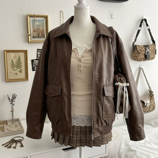 Vintage PU Leather Jacket – Korean Loose Fit Collarless Zip-Up Coat
